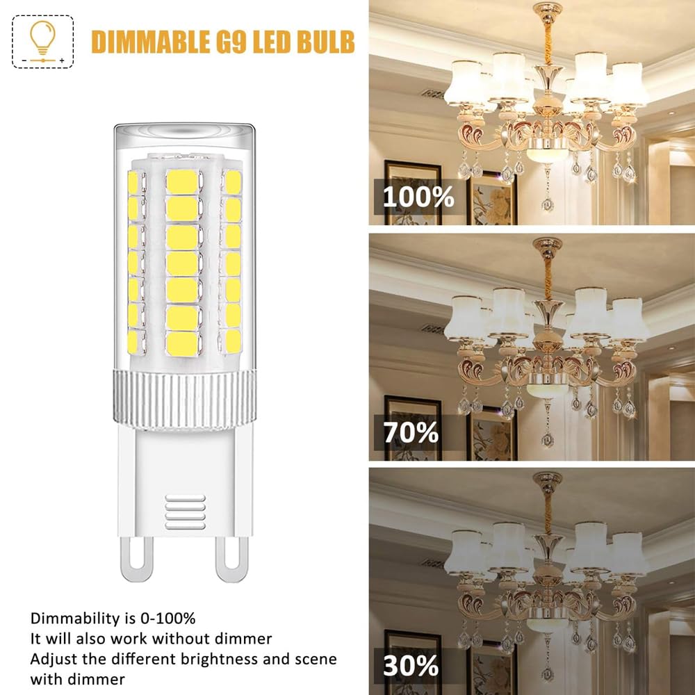 G9 Led Bulb Dimmable 4W, 40 Watt T4 G9 Halogen Equivalent, 6000K Daylight White, 110-130V No-Flicker, Ceramic Bi Pin Base,450 Lu