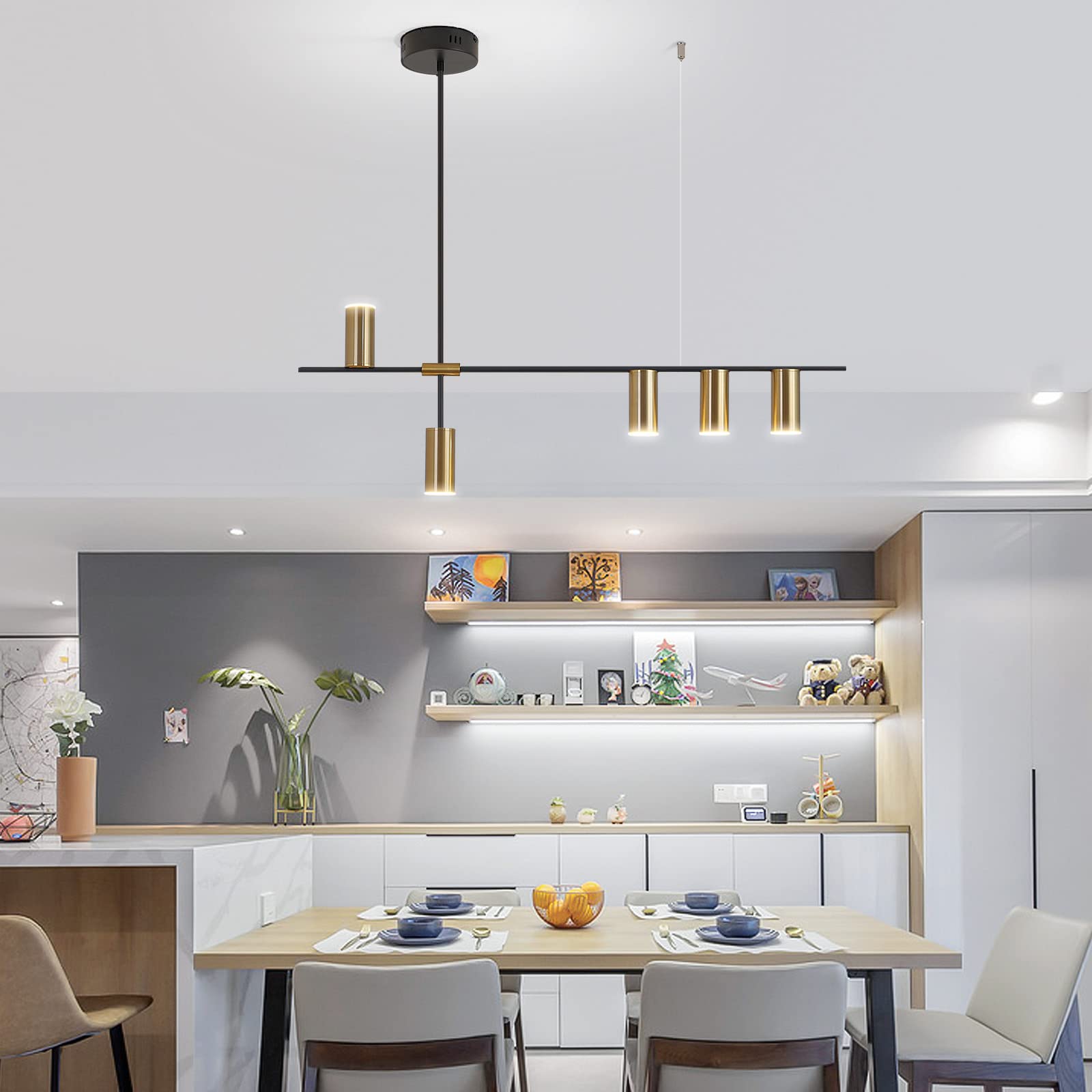 Siittoo Dimmable LED Pendant Light Chandelier, 39IN Adjustable Linear, Black & Gold, Model FM7344