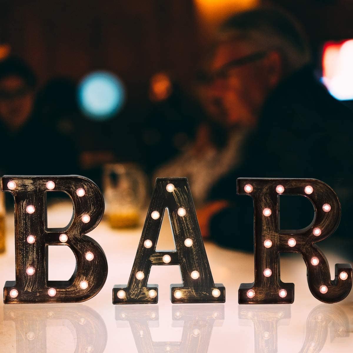 OYCBUZO LED Vintage Light Up BAR Sign - Battery Operated, Illuminated Marquee Letters - Golden Black, Model MHH077