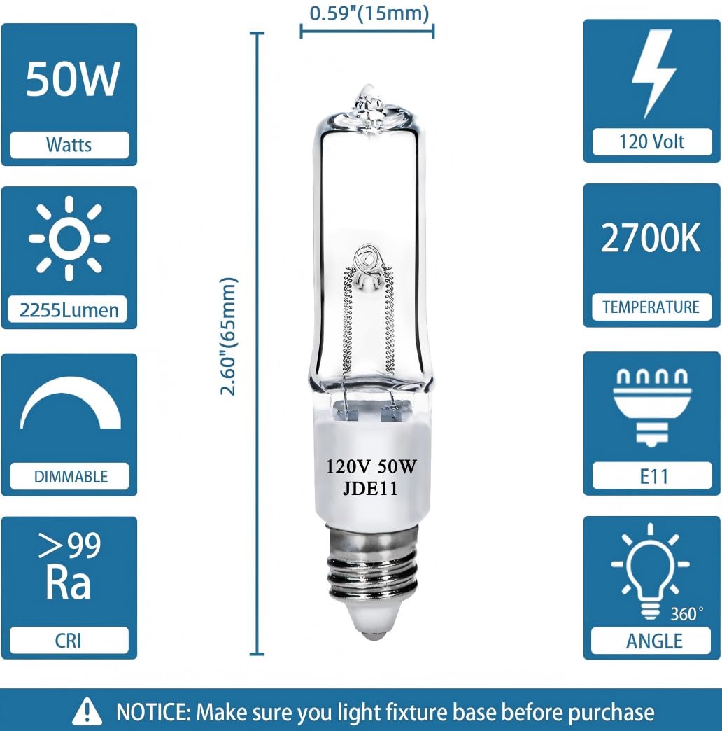 Lachesan Jde11 120V 50W T4 Mini Candelabra Base(Replacement E11 Led Bulb) 2700K Clear Dimmable Jd E11 Halogen Light Bulbs For Chandeliers  Ceiling Fan  Table Lamps  Cabinet Lighting  4 Pack