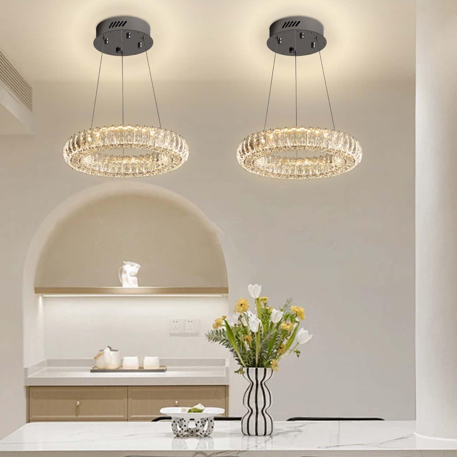Modern Led Chandelier 1 Ring 8.7In Pendant Lighting For Kitchen Island Dimmable Led Pendant Ceiling Light Black Hanging Light Fi