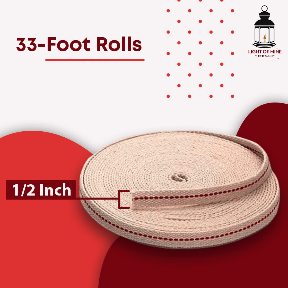 Light Of Mine 1/2" Inch 100% Cotton Flat Wick 33 Foot Roll For Paraffin Oil Or Kerosene Based Lanterns And Oil Lamps With Genuine Red Stitch (1/2")