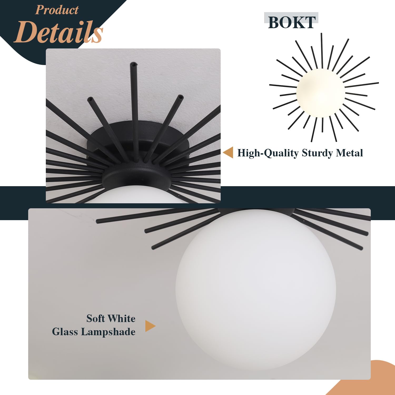 Bokt Modern Black Semi Flush Mount Ceiling Light Milk Glass Globe Ceiling Light Fixture Industrial Close To Ceiling Light Vintag