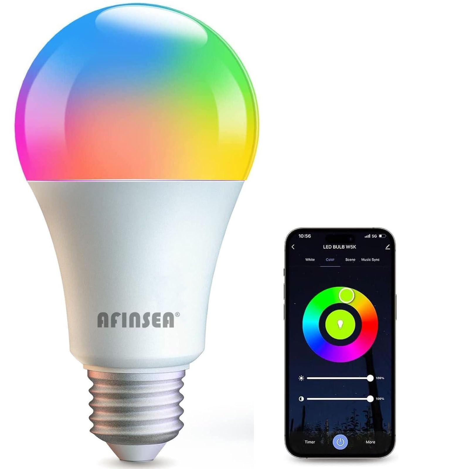 AFINSEA Smart Light Bulbs,WiFi & Bluetooth LED Light Bulb That Compatible with Alexa & Google Home, Color Changing Light Bulb, 10W A19 E26 2.4Ghz WiFi Light Bulbs 60 watt Equivalent, 800lm Dimmable