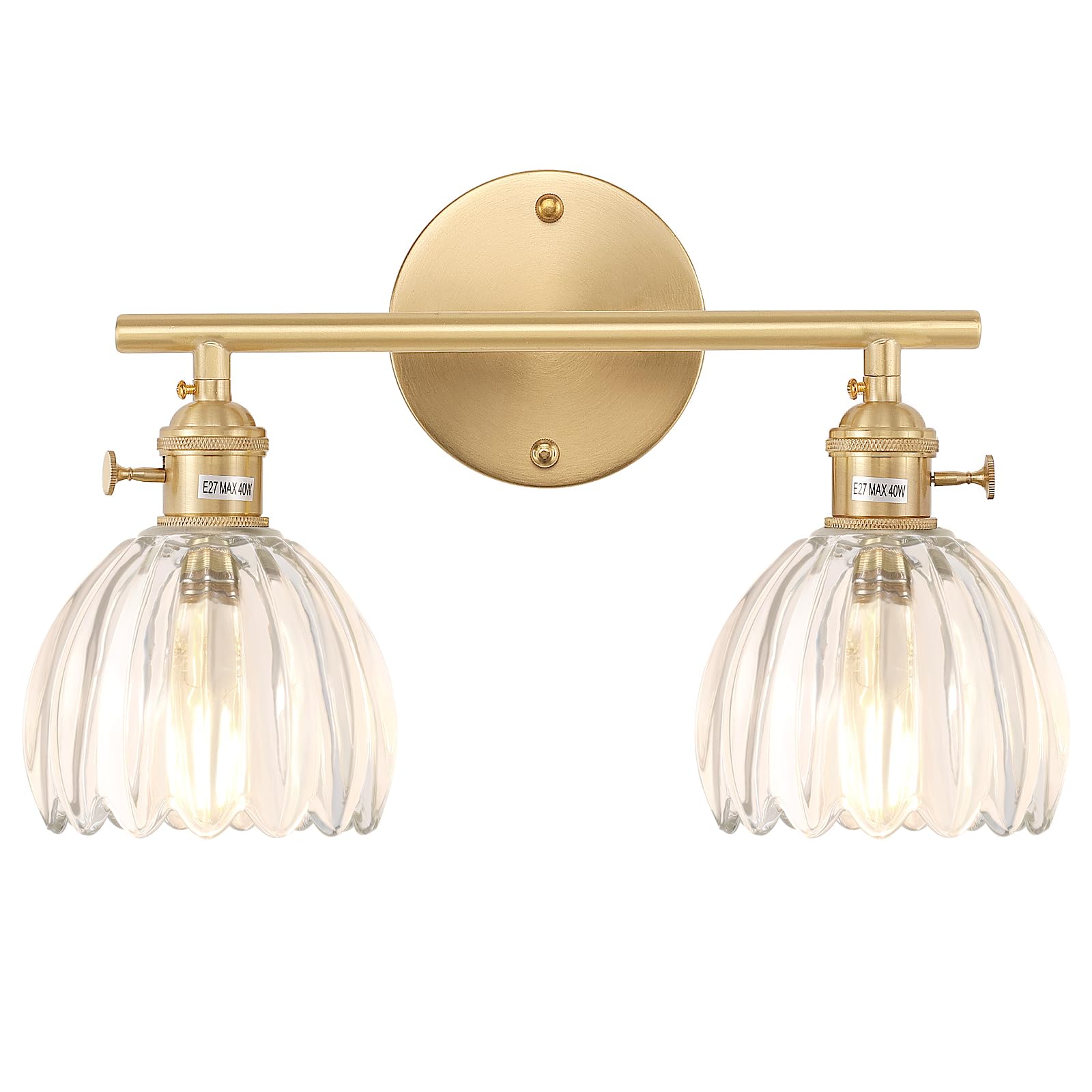 Shenmoyl 2-Light Bathroom Vanity Wall Light, Brass with Clear Tulip Glass Shade, Hardwired, Model 1-9325