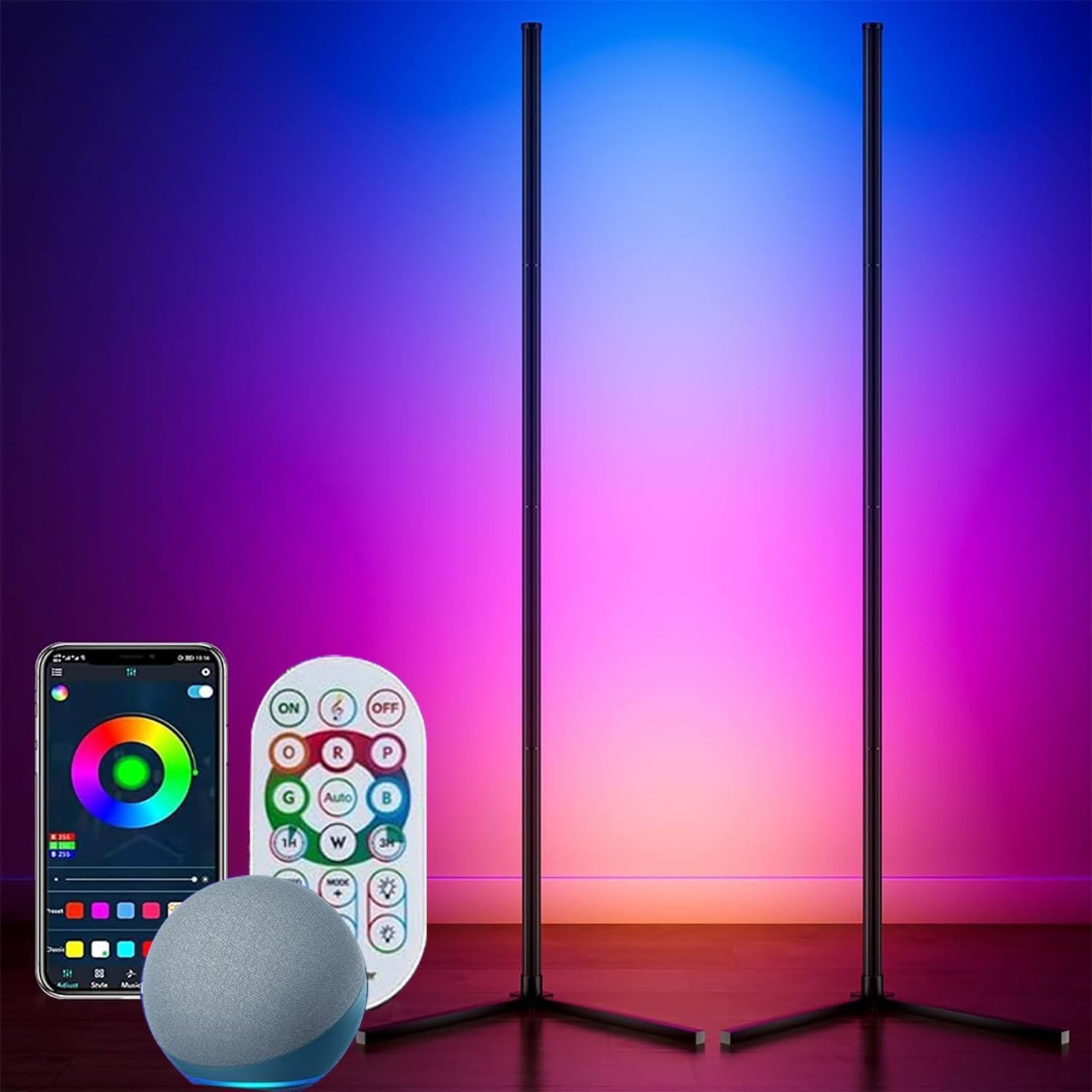 Uocub Corner Floor Lamp, LED Corner Lamp with Alexa & Google Home, App and Remote Control,16 Million DIY Colors & 68+ Scene, Mus