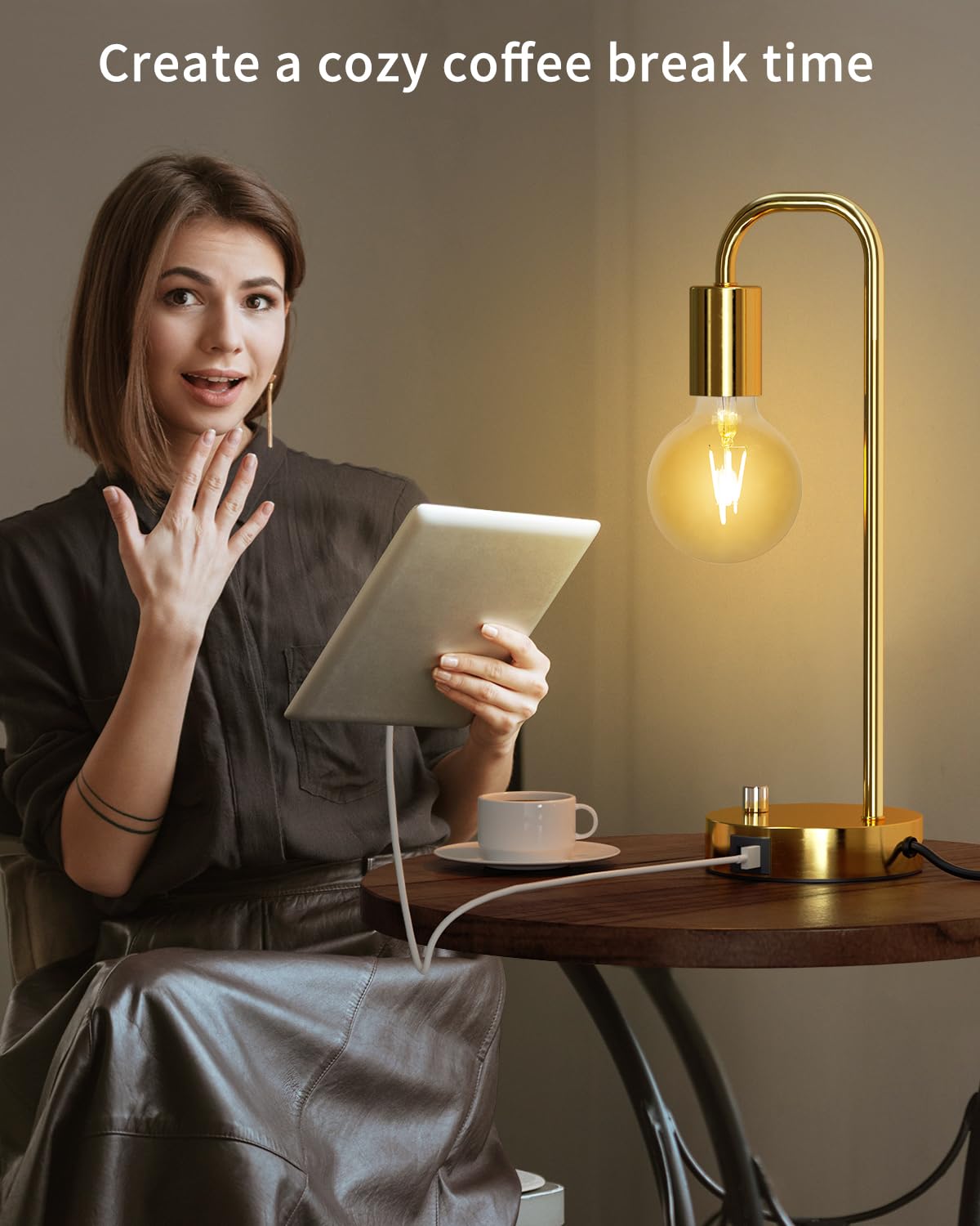 Onewish Industrial Table Lamp With 2 Usb Port, Stepless Dimmable Nightstand Bedside Lamps For Bedroom,Desk Lamps With 2700K Gold