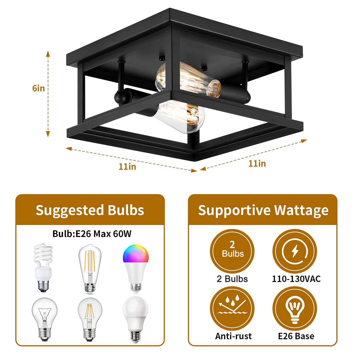 Drosbey 2-Light Flush Mount Ceiling Light Fixture, Iron, Black-A, Vintage Industrial Style for Kitchen, Bedroom, Hallway