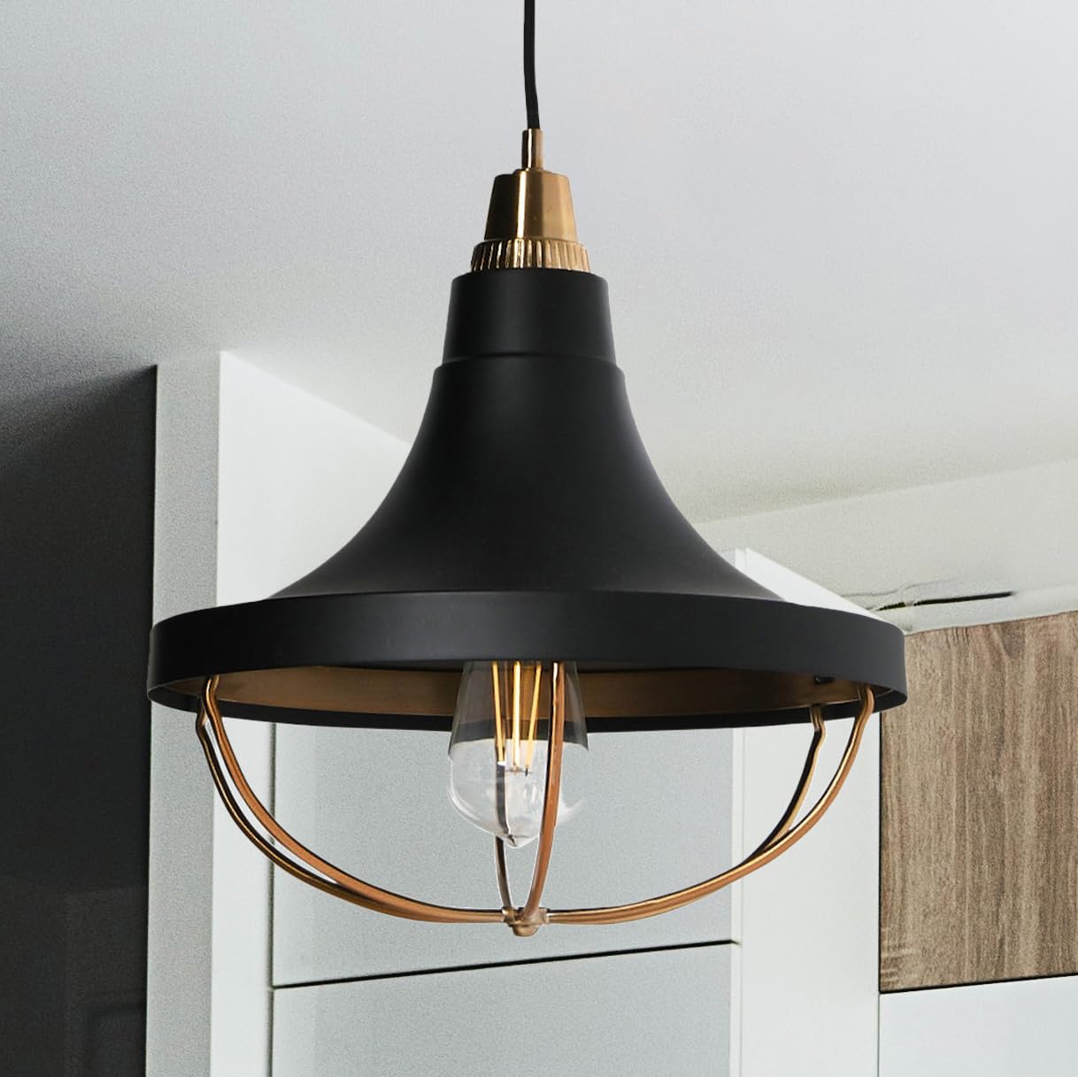 Robert Stevenson Lighting Presley - Caged Trumpet Metal Ceiling Light, Brushed Brass and Matte Black