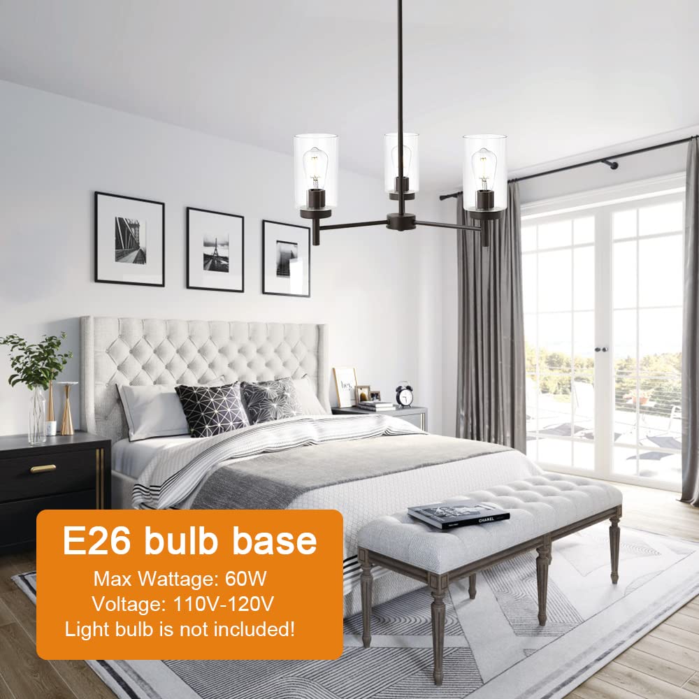 VINLUZ 3-Light Pendant Chandelier Rustic Clear Glass Shades Oil-Rubbed Bronze Adjustable Ceiling Light Model 1810-3-19