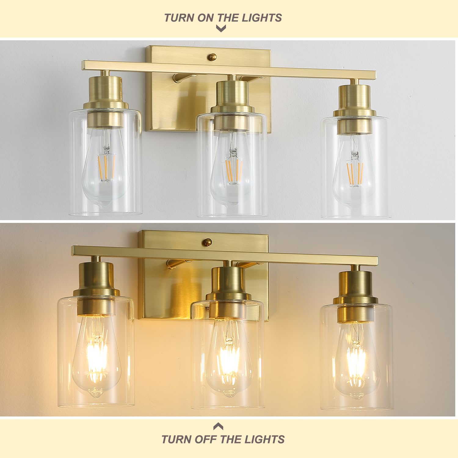 Jodauirt 3-Lights Modern Wall Sconces Gold Bathroom Vanity Light Fixtures,Brushed Brass Wall Sconces With Clear Glass Shades, Farmhouse Wall Lighting ?For Hallway,Living Room,Bedroom