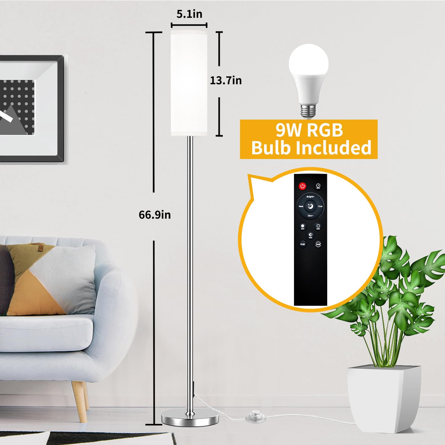 Qaubauyt Modern Led Floor Lamp With Remote, Brushed Nickel, Reading & Colorful Modes, 9W Bulb