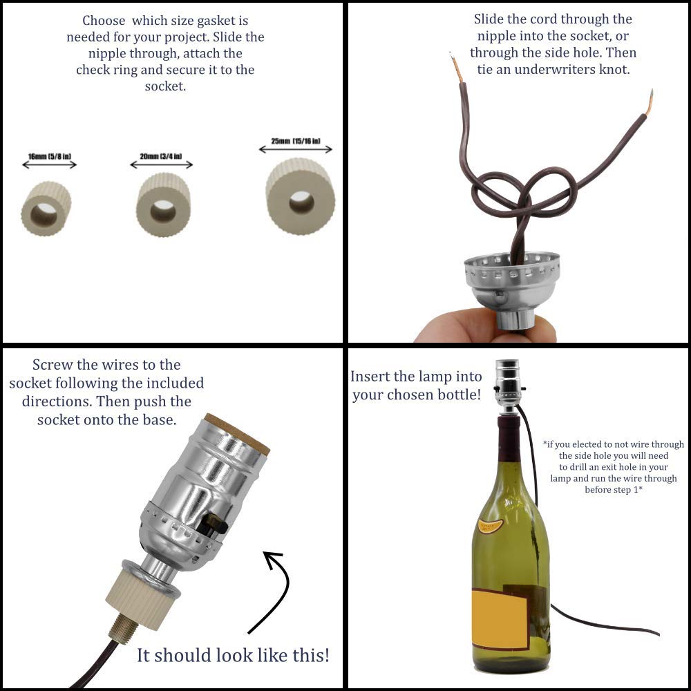 Creative Hobbies Silver Finish Bottle Lamp Kit With 3 Rubber Adapters For Wine, Liquor Bottles, Jugs And More
