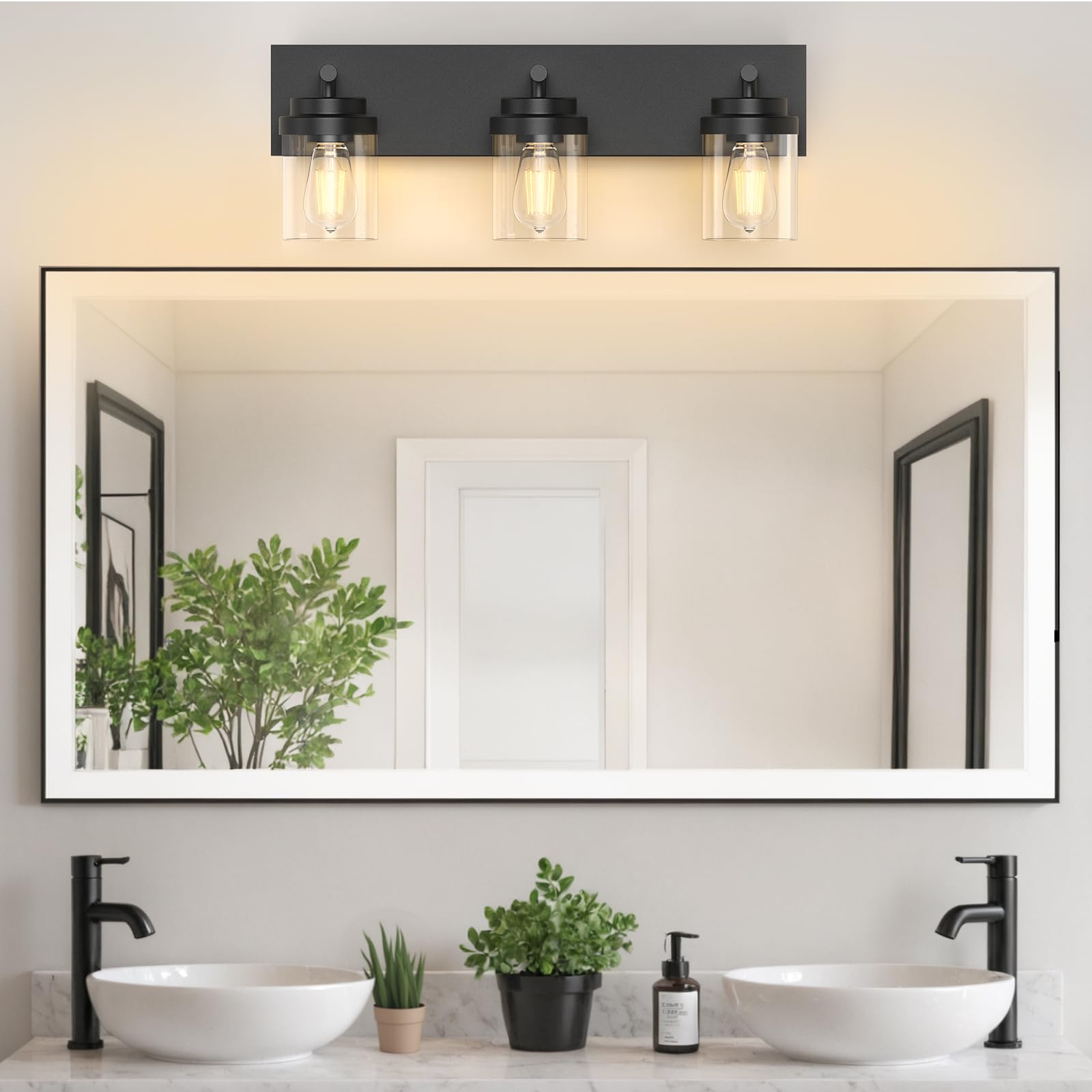 IZORRO 3-Light Bathroom Vanity Light Fixture, Matte Black with Clear Glass Shade, Model HL101, Modern Farmhouse Design