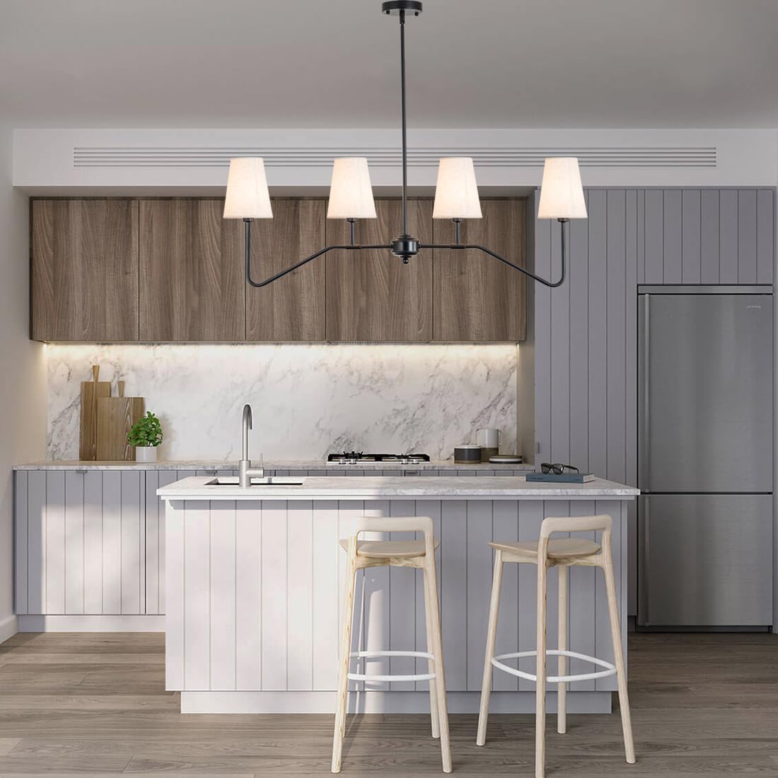 Fiyueoyi 4-Light Kitchen Island Lighting, Modern Linear Chandeliers For Dining Room Light Fixture Over Table Classic Matte Black Pendant Light With Linen Shades 41”W For Kitchen Island Living Room