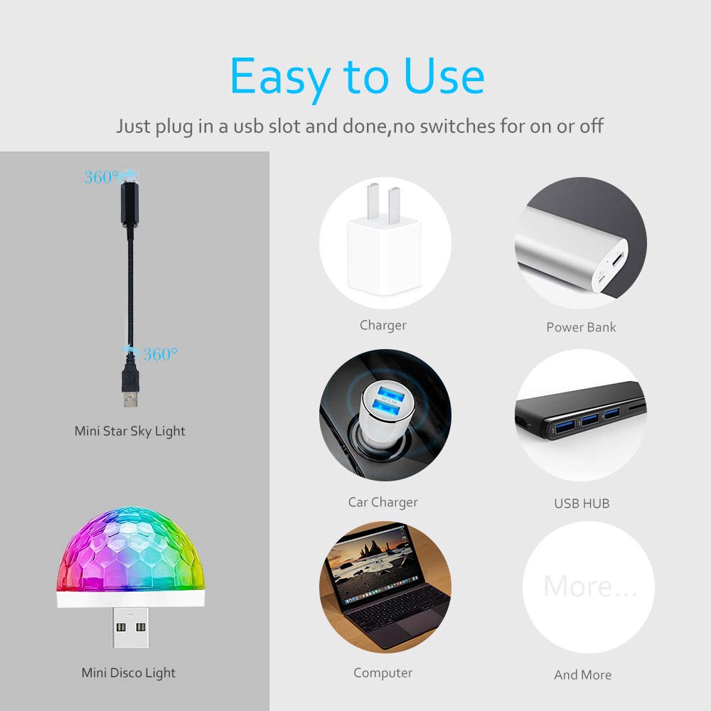 Romantic Auto Roof Usb Star Lights With Mini Disco Light, Aevdor Usb Night Lights, Flexible Atmosphere Decorations Lamp For Bedr