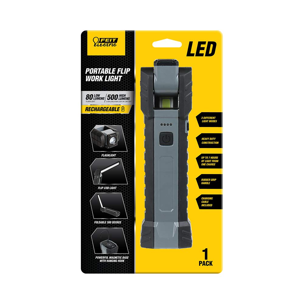 Feit Electric Compact Handheld LED Work Light Flashlight with 500 Lumens Ultra Bright, Magnetic Base, Foldable and Rechargeable - WORK500BAT