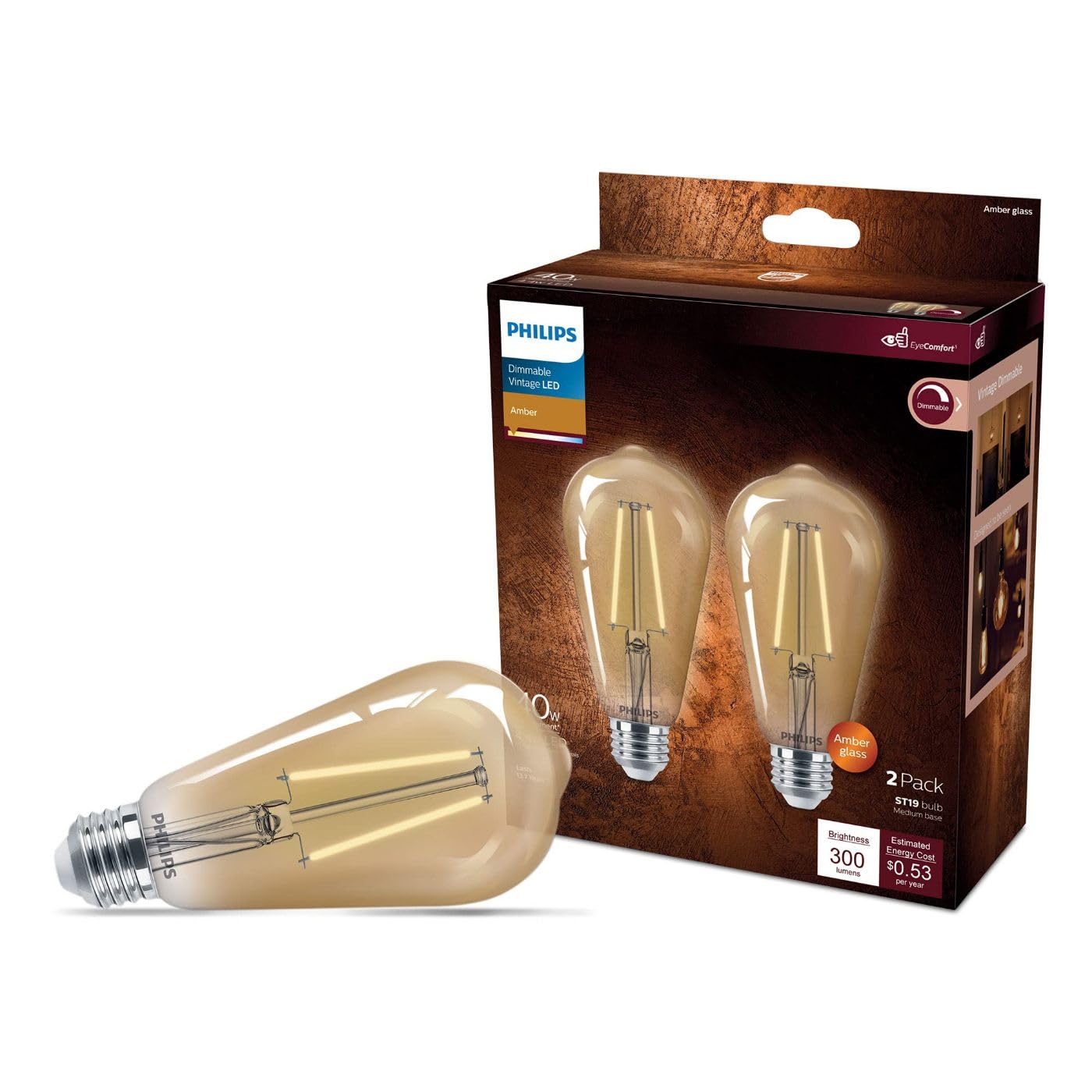 PHILIPS LED Vintage Bulb, Dimmable, 8.8W=75W, 700 Lumen, Amber Light (2000K), E26 Base, 2-Pack,
