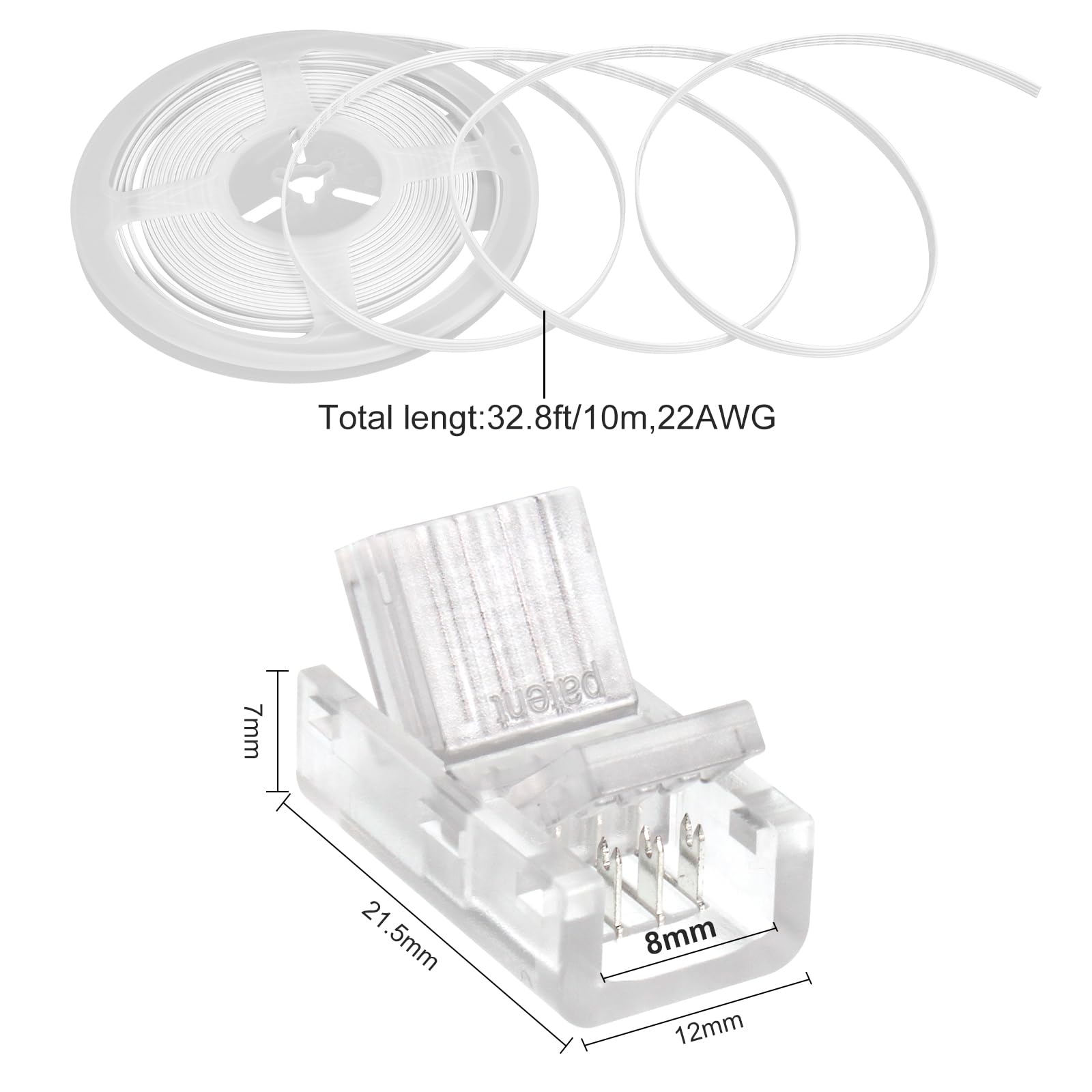 Rgbzone 10Pcs 8Mm 4 Pin Led Strip Connectors And 32.8Ft 4 Pin Rgb Extension Cable Strip To Wire Quick Connection For Waterproof