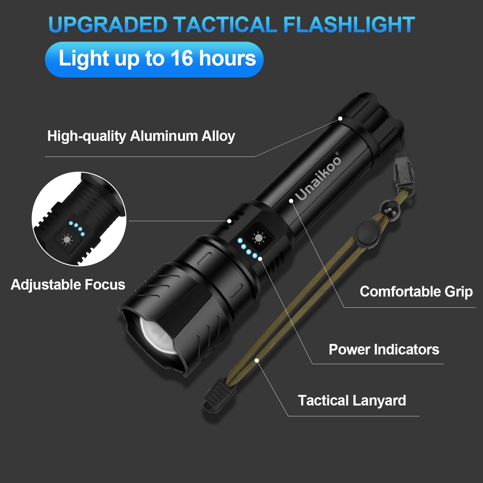 Unaikoo 10000LM Rechargeable Tactical Flashlight - Waterproof, Zoomable, Aluminum, Black, Model D-2403