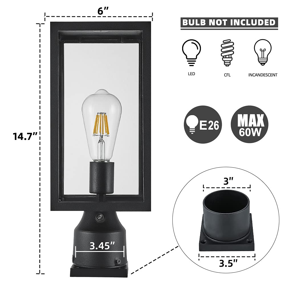 Windben Dusk To Dawn Outdoor Post Light Fixture, Matte Black Aluminum Lantern For Gardens & Yards