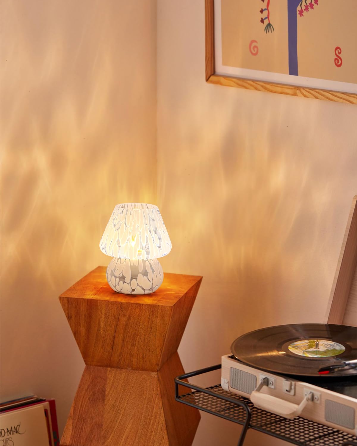 Onewish Mushroom Lamp Small Bedside Table Lamp-Nightstand Nightlight Dimmable Stepless, Translucent Glass Desk Lamp For Bedroom