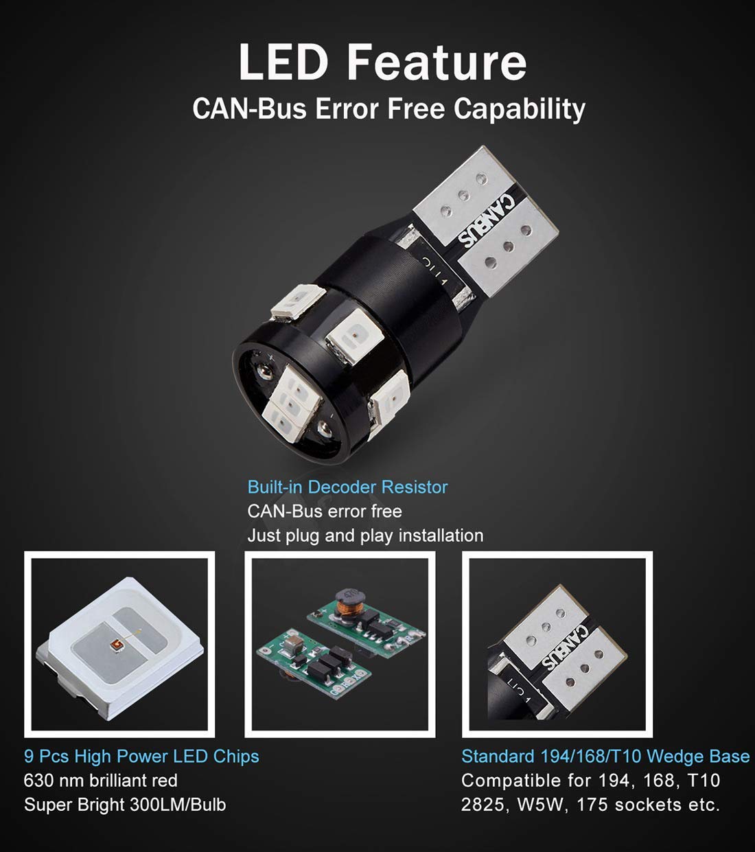 BRISHINE 194 LED Bulbs, 300LM, Canbus Error Free, Brilliant Red, 9-SMD 2835 Chipsets, Pack of 4 for Map/Dome/Marker