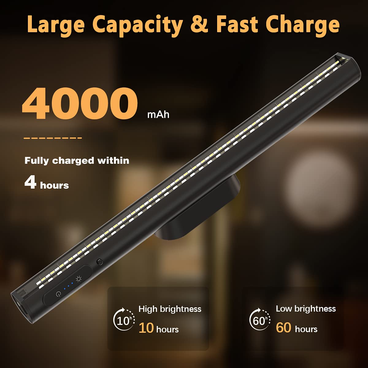bravzurg Rechargeable Magnetic LED Light Bar, Wireless Under Cabinet Lighting, Dimmable, Black, Model YZYK350-BK01, Battery Powered