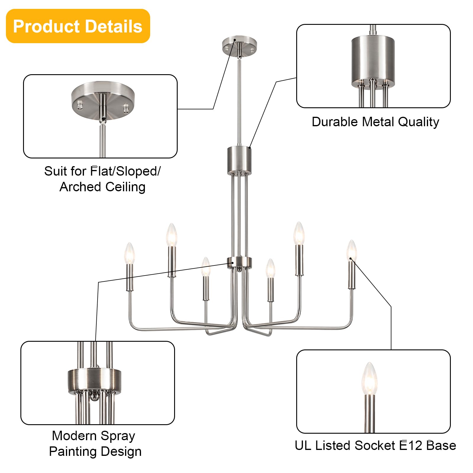 Zjvaive Dining Room Chandeliers 6-Light Brushed Nickel Chandeliers Modern Farmhouse Hang Light Fixture For Kitchen Living Room E