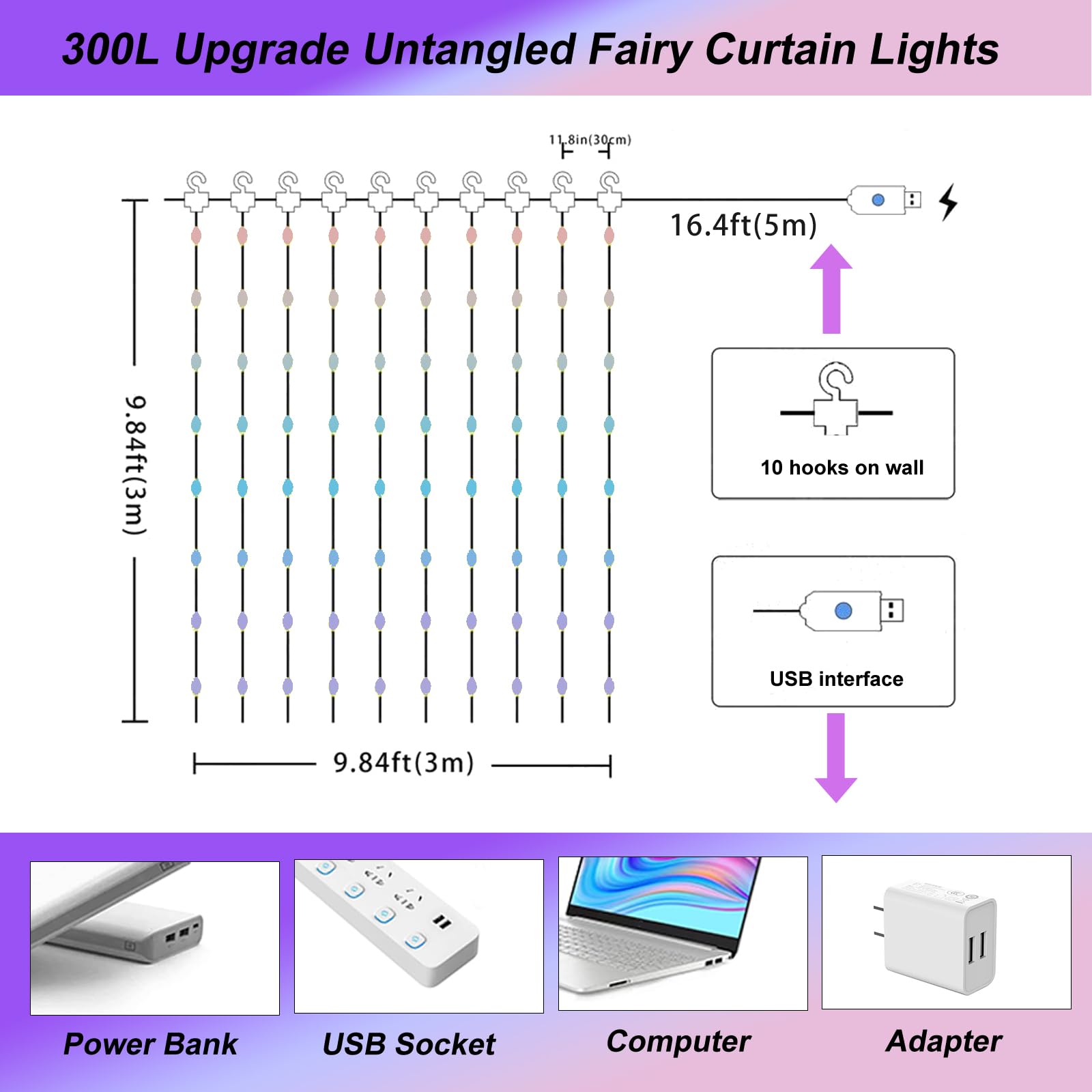 Sinamer Pixie Curtain String Light With Untangled Wires, Multicolor Curtain Light For Bedroom, Usb Powered 8 Modes Remote Fairy Light For Home Wedding Party Decor