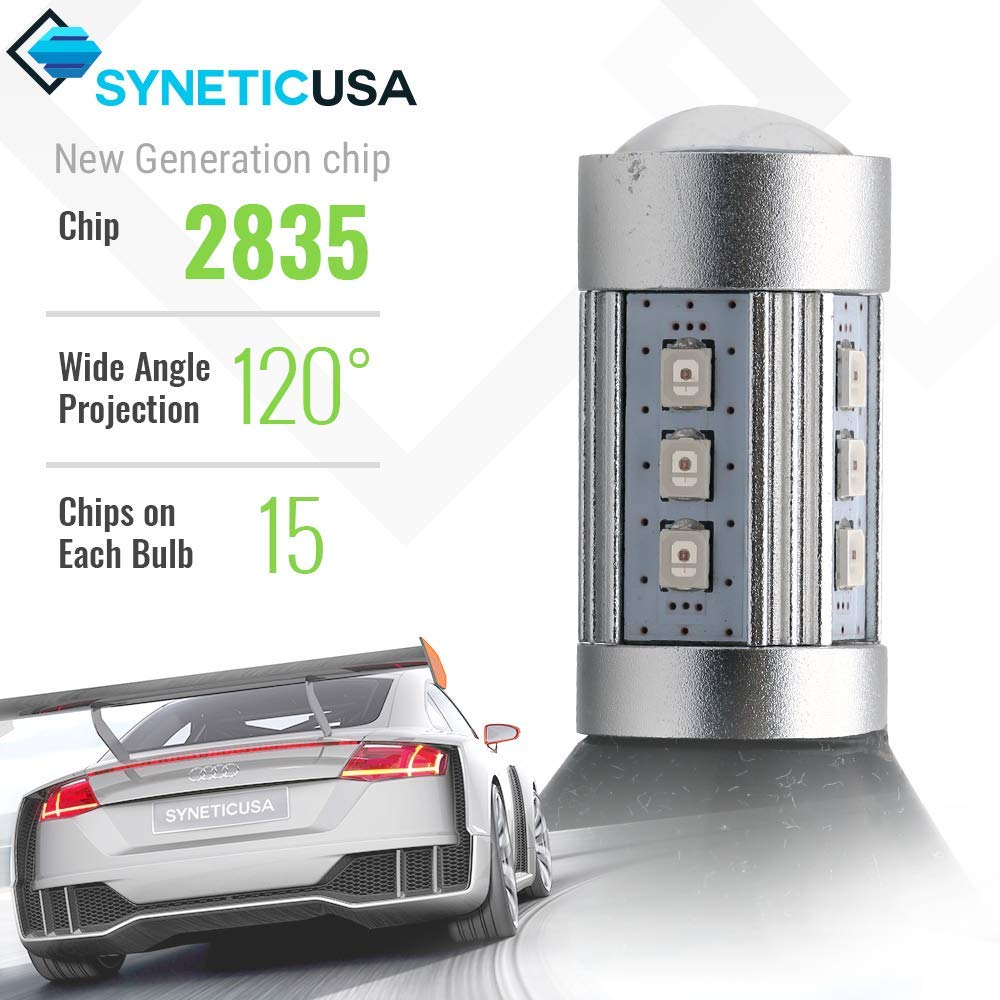 Syneticusa 7443 Red LED Brake Parking Tail Stop Turn Signal Light Bulbs, Aluminum, Error Free, Canbus Ready, Model LR-2835-15R-7443-V3