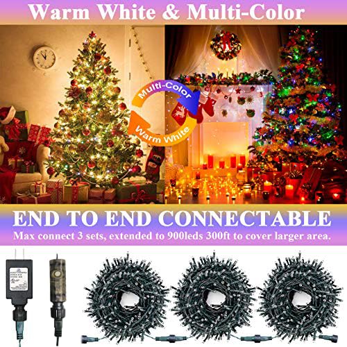 Decute Colors Changing Christmas Tree Lights 4 Colors In 1 String Lights, 11 Modes 300Leds 108Ft Extendable Waterproof Indoor Ou