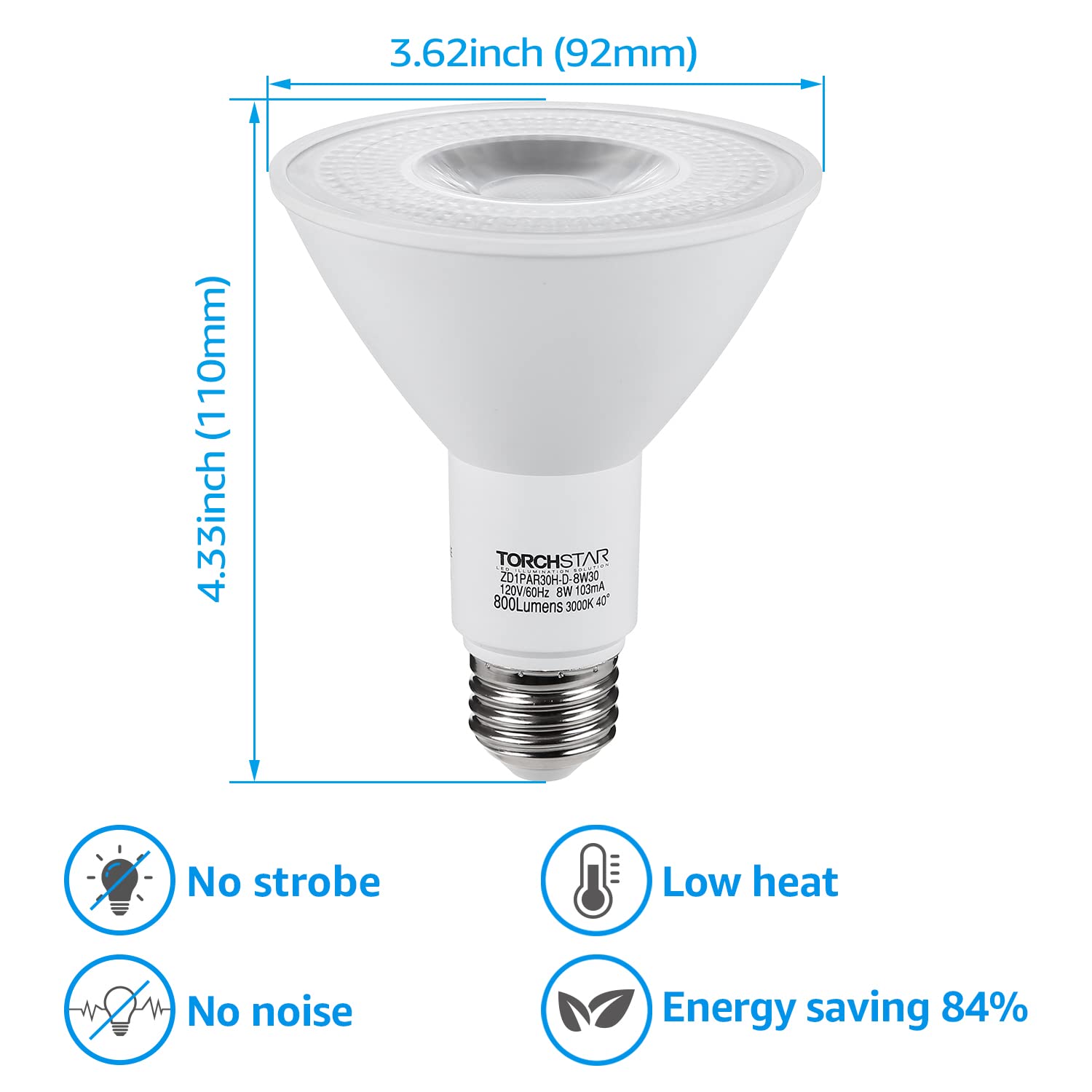 TORCHSTAR PAR30 LED Bulb, 8W Dimmable, 3000K Warm White, 800LM, UL Listed, 6 Count, Model DBPAR30H-D-