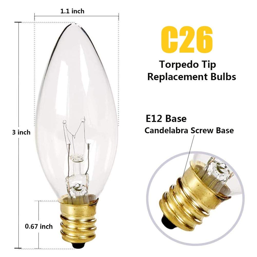 Sunsgne 25 Pack Candle Light Bulbs, C26 Crystal Clear Torpedo Candelabra Light Bulb For Chandeliers, Window Candle Bulbs, Nightl