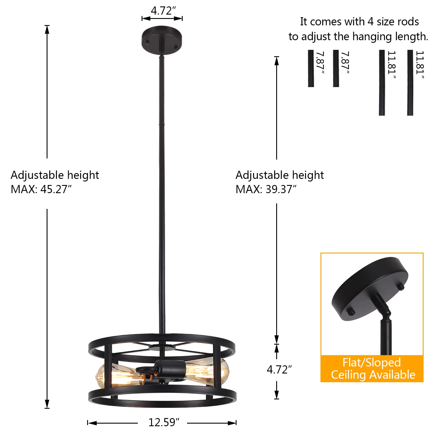 Heircido Industrial Black Semi Flush Mount Ceiling Light,Farmhouse Kitchen Lighting,2 Light Metal Ceiling Light Fixture,Sloped C