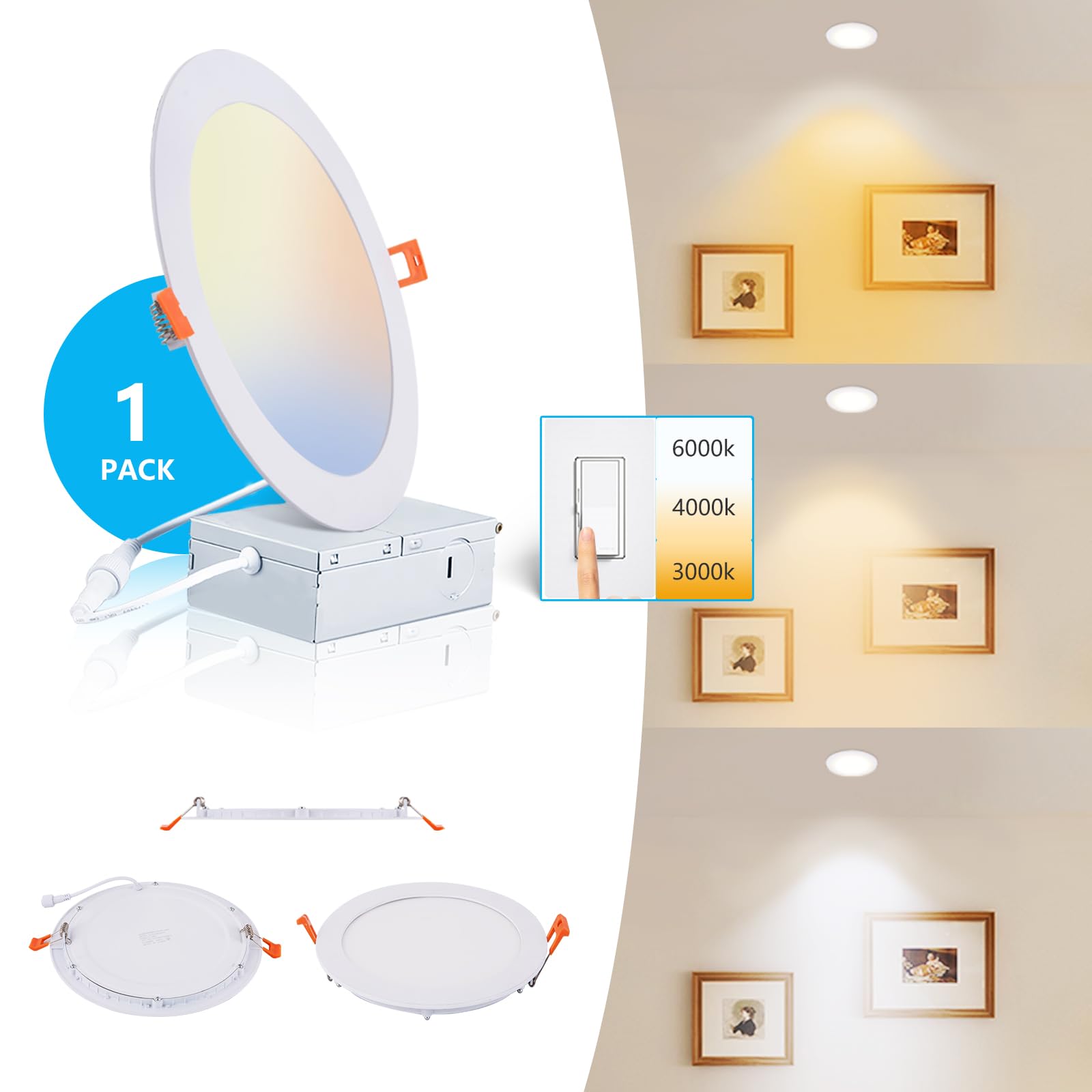 JARLSTAR 8 Inch LED Recessed Light, 18W Dimmable, 3CCT Selectable, Aluminum, Model JSD18W?A, Ultra Thin, 