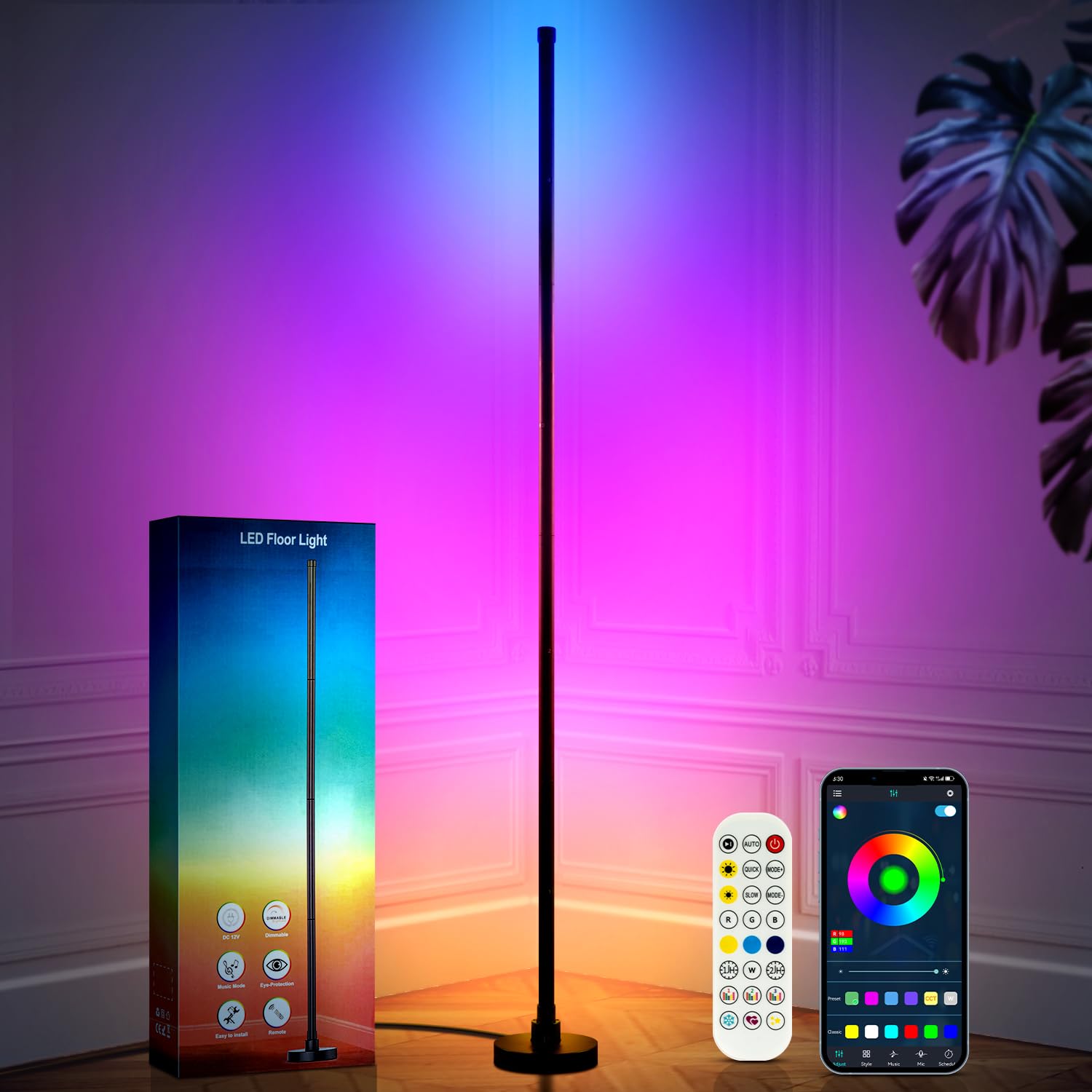 luzzup Corner Floor Lamp for Gaming Rooms, Smart RGB LED Lamp with Remote, Custom Colored Lights with Music Sync and 16 Million 