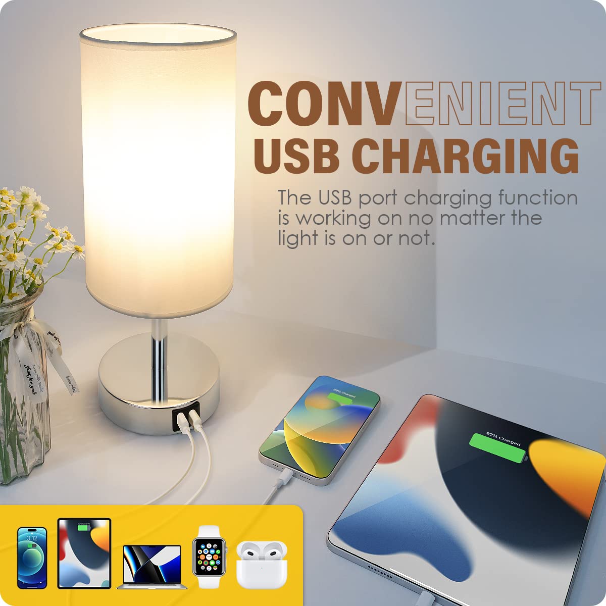 Yarra-Decor Bedside Lamps With Usb Port - Touch Control Table Lamp For Bedroom 3 Way Dimmable Nightstand Lamp Set Of 2 With Roun