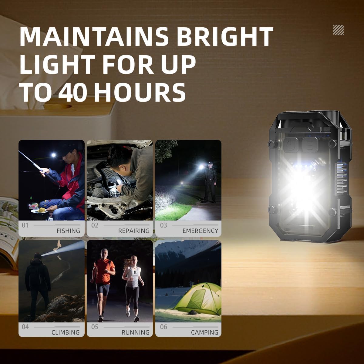 WARSUN Mini LED Rechargeable Keychain Flashlight, Black, Model SQ10, Ideal for Camping and Emergency Use