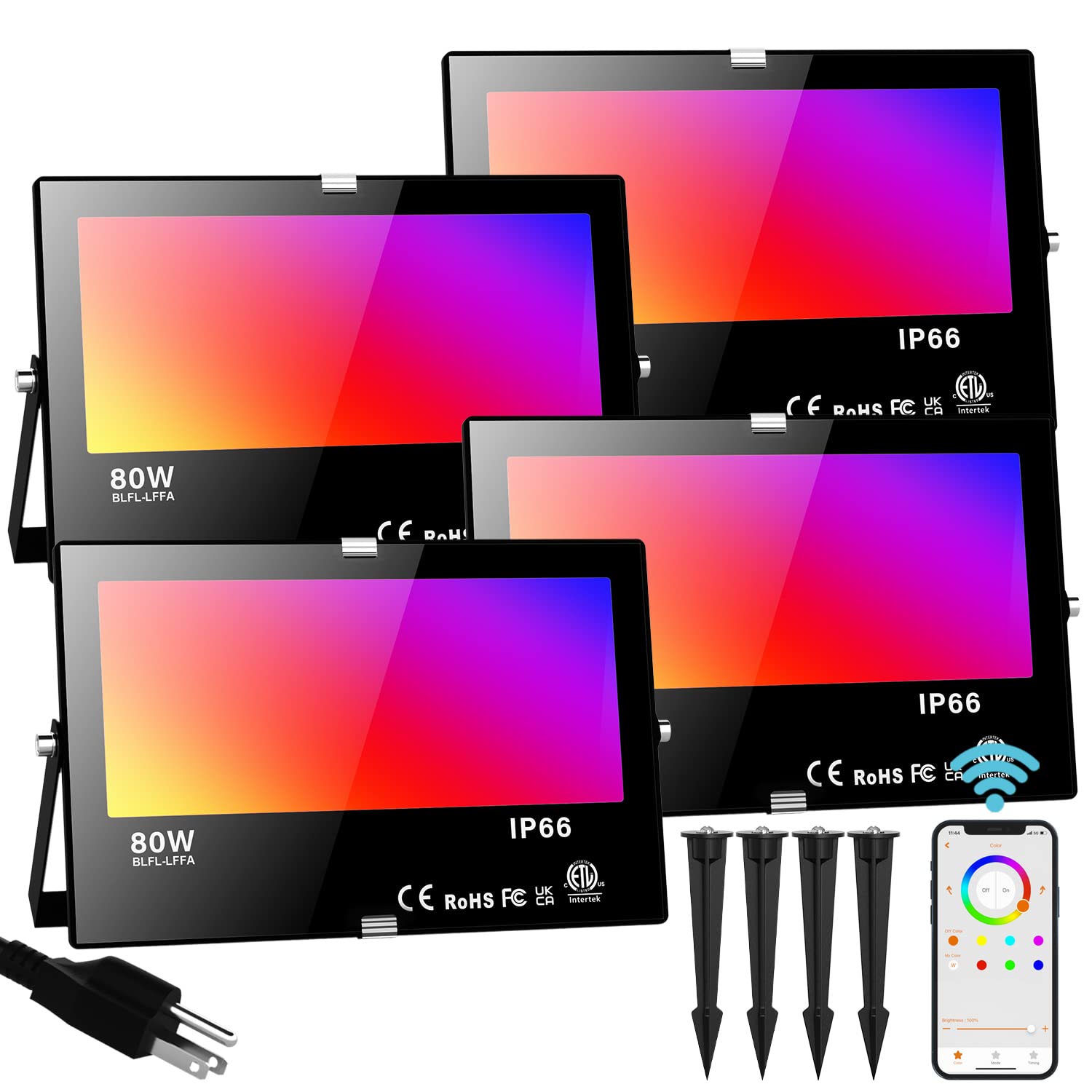 Neliwo LED Flood Light 800W Equivalent Bluetooth RGB Spot Light 4-Pack, IP66 Waterproof, Smart Control, Warm White 2700K