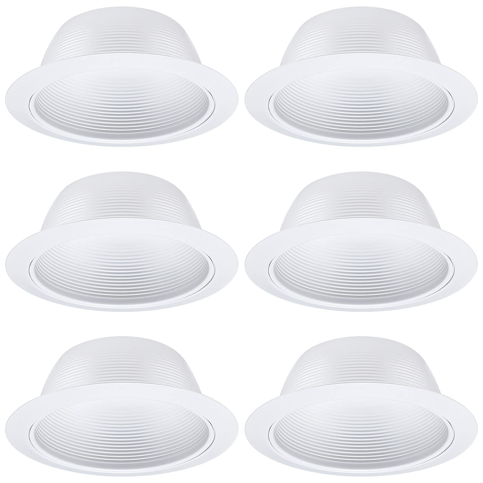 6 Pack 6 Inch Recessed Can Light Trim With White Metal Step Baffle, For 6 Inch Recessed Can, Detachable Iron Ring Included, Fit Halo/Juno Remodel Recessed Housing, Line Voltage Available