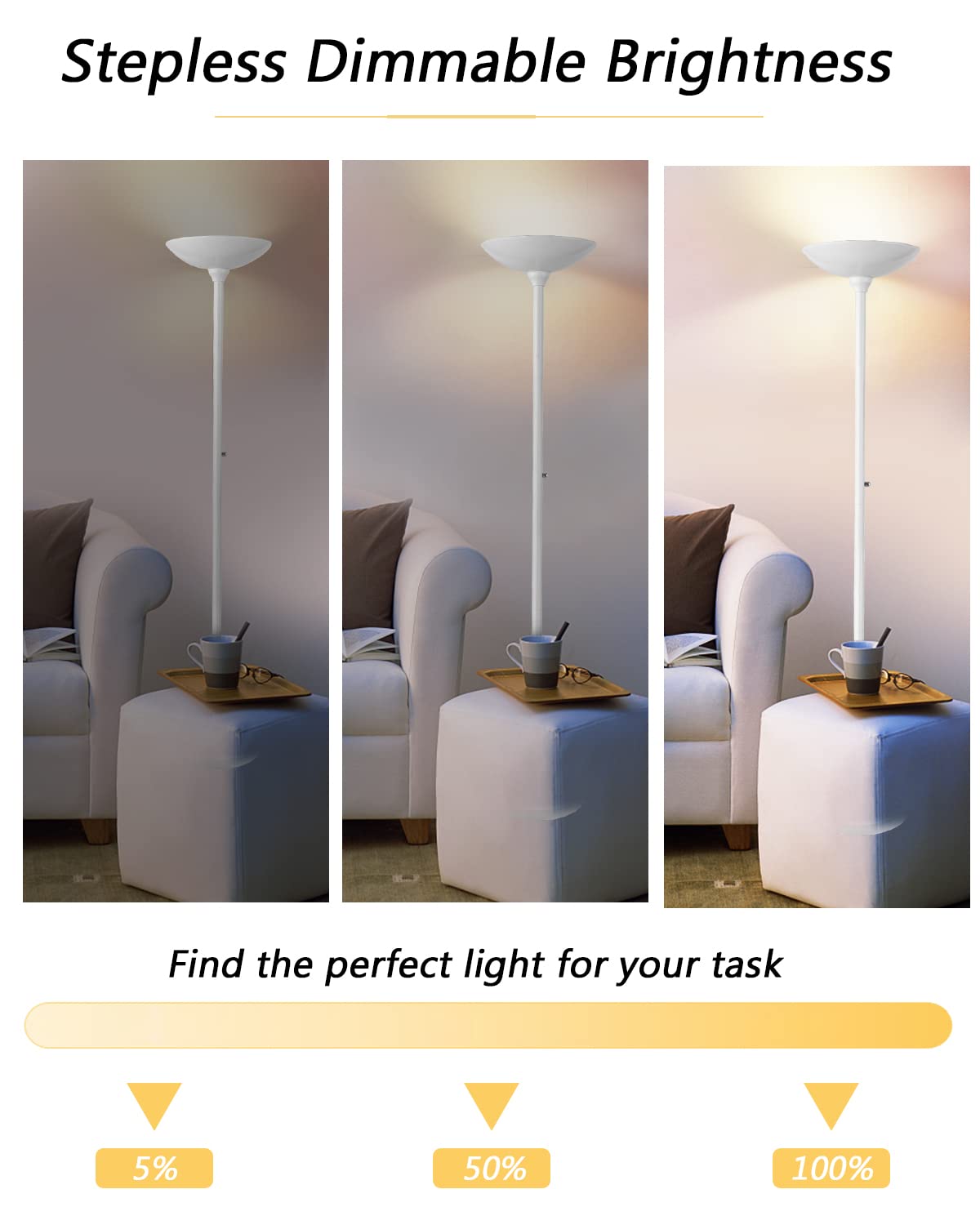 Boostarea Torchiere Floor Lamp, 30W Super Bright Led Standing Lamp, 3000K Stepless Dimmable Pole Lamp With Rotary Switch, 70 Inc