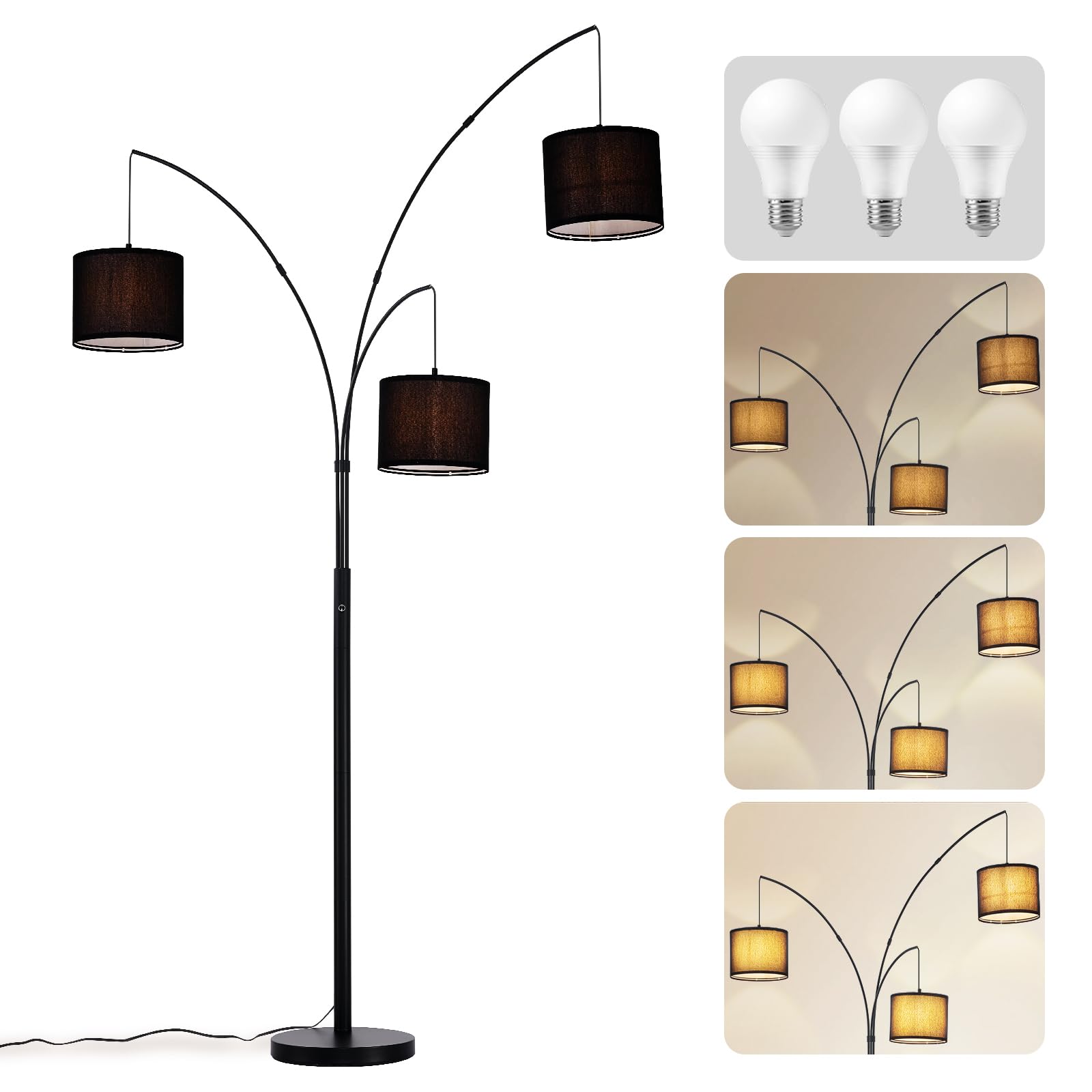 Dllt Modern Floor Lamp For Room: 3-Light Black Tree Dimmable Floor Lamps With Black Shades For Living Room - Arc Standing Lamp F