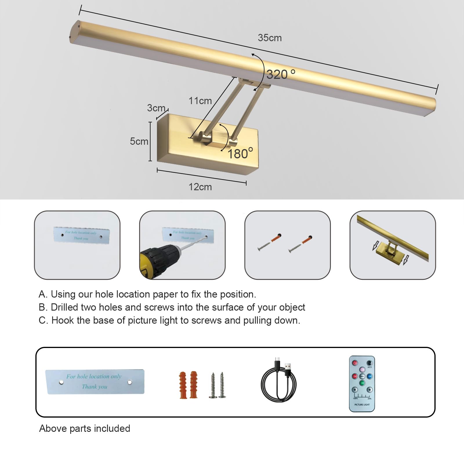 Howmzon Picture Light,13.5&quot; Art Light, Picture Light Battery Operated,3Cct Picture Lights For Wall,Wireless Picture Lights With Remote For Wall Display, Photo,Library Brass-Plated