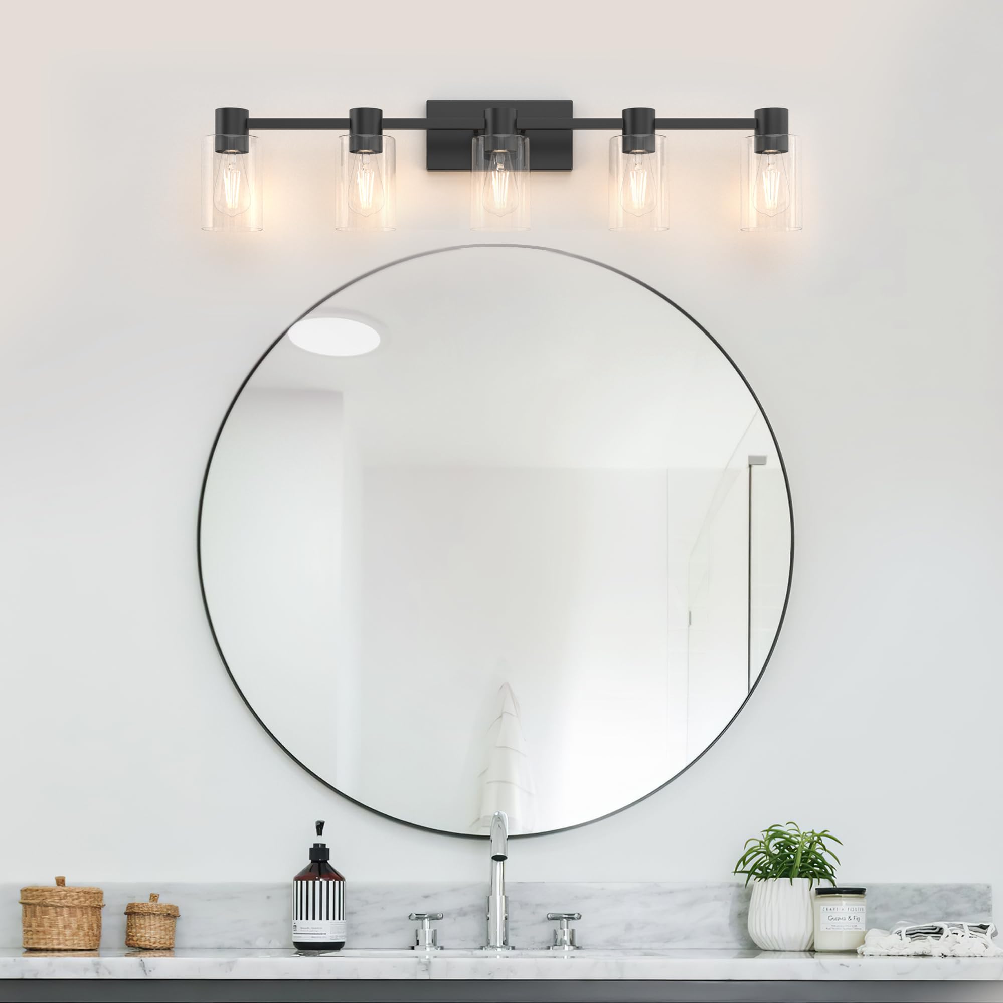 Esfos 5-Light Modern Vanity Light Fixtures Over Mirror, Matte Black Bathroom Light Fixtures, Vanity Lights, Wall Sconce With Clear Glass Shade For Bathroom, E26 Base