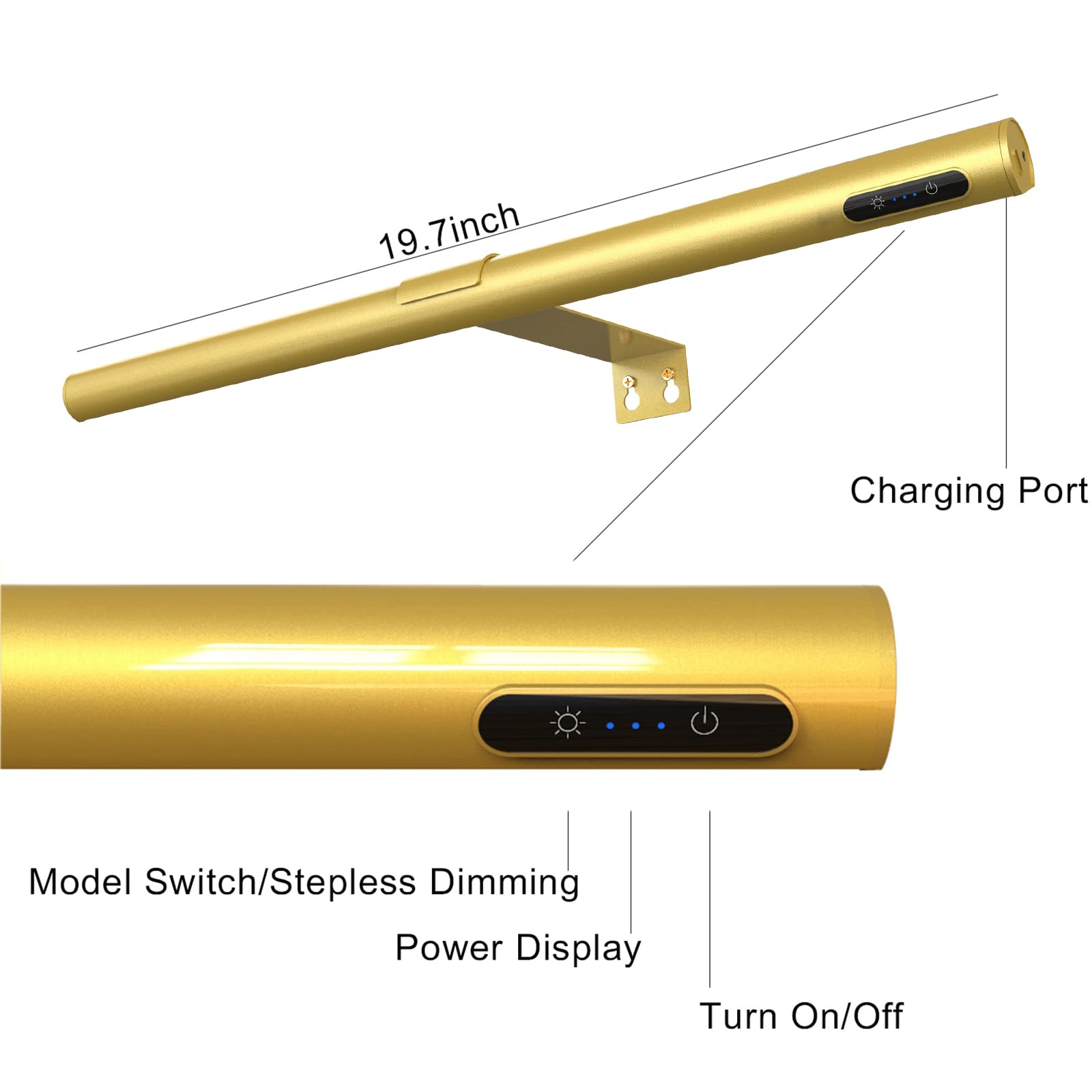 Eayoyae 19.7Inch Battery Operated Wireless Picture Light,Remote Control Painting Display Lights, Rechargeable Wall Lights With Three Modes And Power Display For Art Frame(Gold
