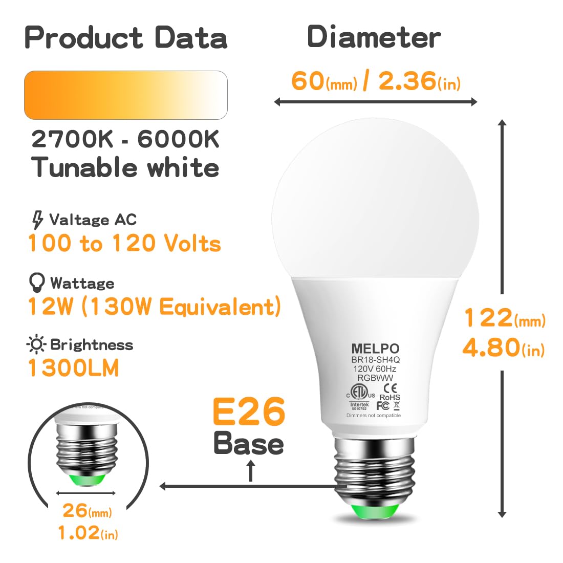 MELPO Smart RGB Light Bulbs, 12W (130W Equivalent), A19 E26, Bluetooth, Color Changing, 8 Pack, Tunable White & RGB, Music Sync