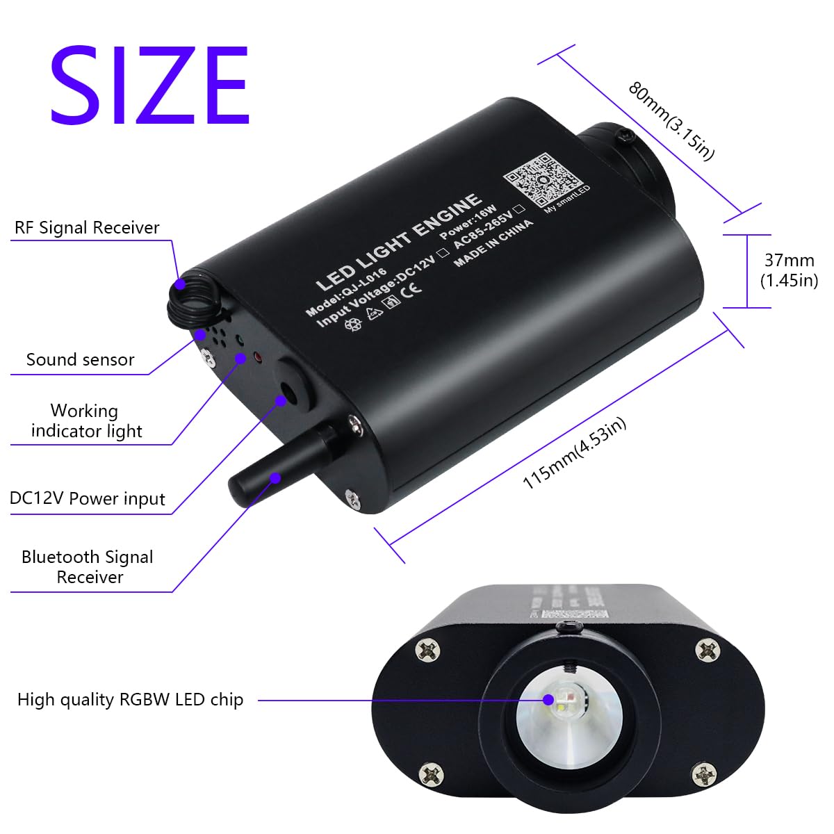 AKEPO Bluetooth APP Control Fiber Optic Light Source, 16W, RGBW, Aluminum, Model QJ-L016, Multiple Colors, Music Activated, Remote Control