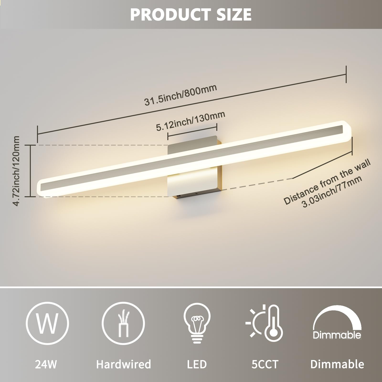 JUSHENG Brushed Nickel 32'' Dimmable LED Vanity Light Bar, 5CCT Modern Bathroom Lighting Fixture, Model 9871