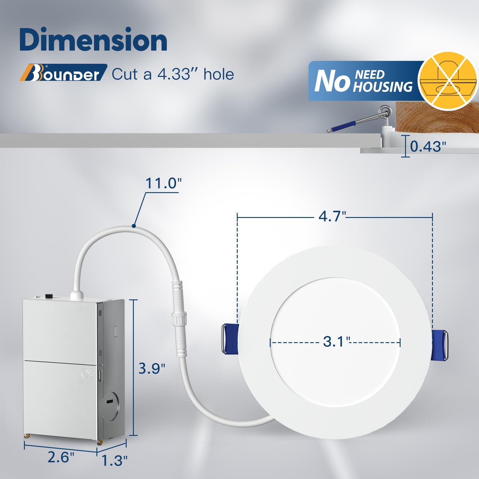 BBOUNDER 4 Inch Ultra-Thin LED Recessed Ceiling Light, 5CCT Dimmable, 800LM, Model 0181, 10W Equivalent, 5000